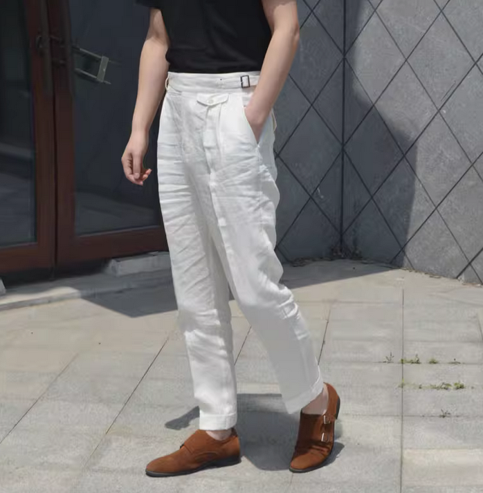 Mens Retro Pants Casual Linen Pants Business GURKHA Trousers Straight High Waist