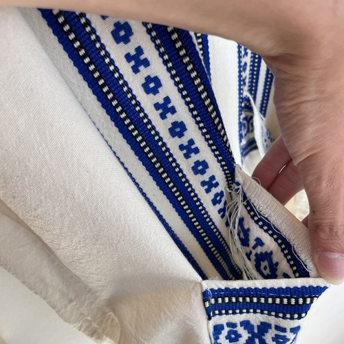 VTG 1970s Kaftan Tunic White Blue Embroidered Greek Handmade 70s Woven Cotton - Picture 7 of 24