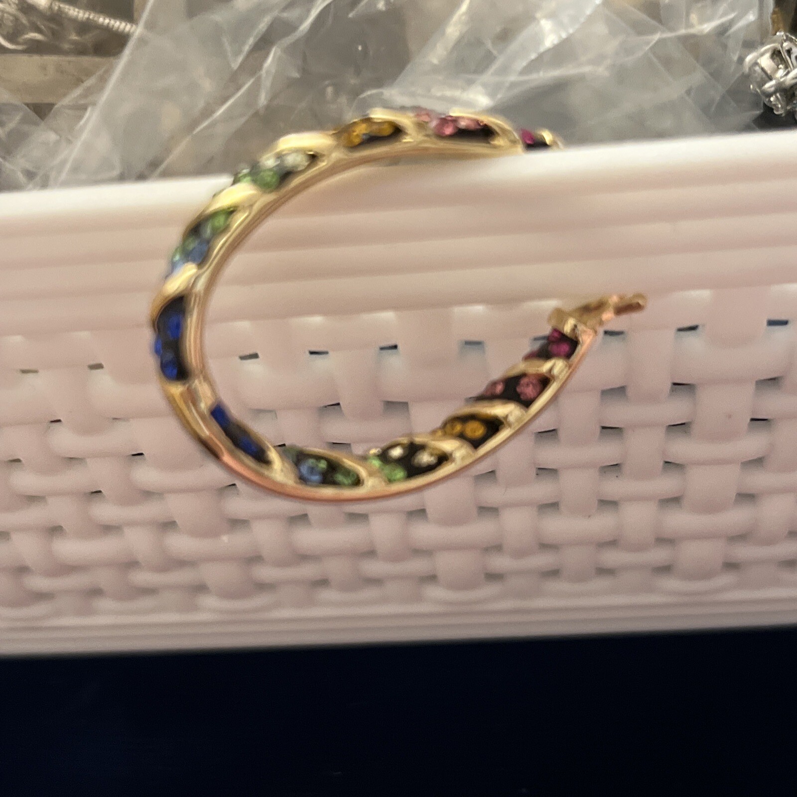 Hoop Earrings W/rainbow Crystals Inside/out Goldtone 1”-image