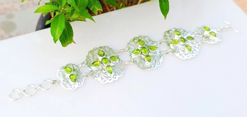 Green Peridot Gemstone Bracelet 925 Sterling Silver Handmade Adjustable Jewelry - Image 4 of 4
