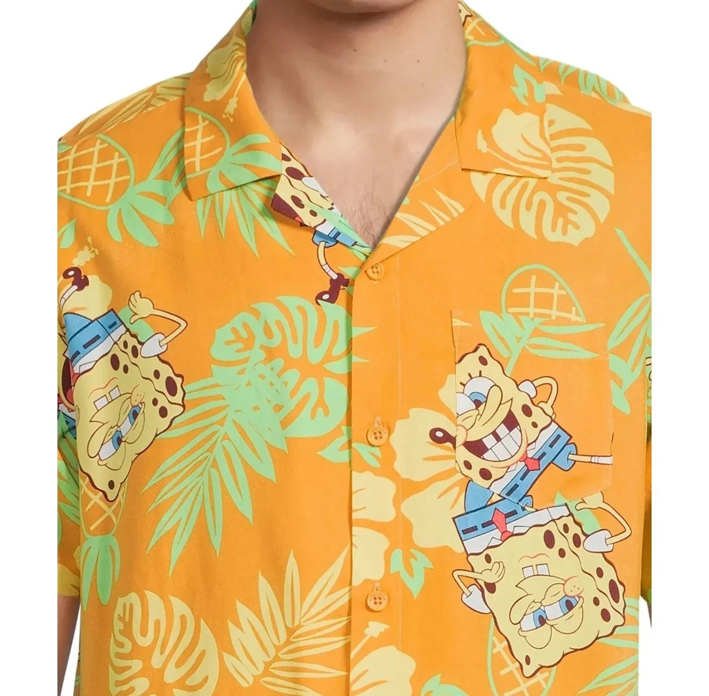 SpongeBob SquarePants Men's Tropical Print Woven Short Sleeve Shirt