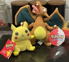 Vintage Pokemon Beanie Plush #25 PIKACHU  6" Hasbro 1999 & Charizard Plush Tags