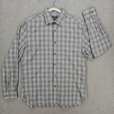 John Varvatos Dress Shirt Mens 16.5 34/35 Gray Check Cotton Slim Fit Long Sleeve