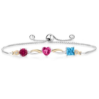925 Silver and 10K Yellow Gold Created Ruby Pink Created Sapphire Swiss Blue