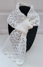 New Keyhole Scarf - White Sparkle - Shell Pattern Handmade Hand Crochet Knit