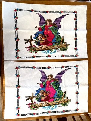 Set of 2 Finished Cross Stitch Guardian Angel Children Garden Completed 21''x 16''