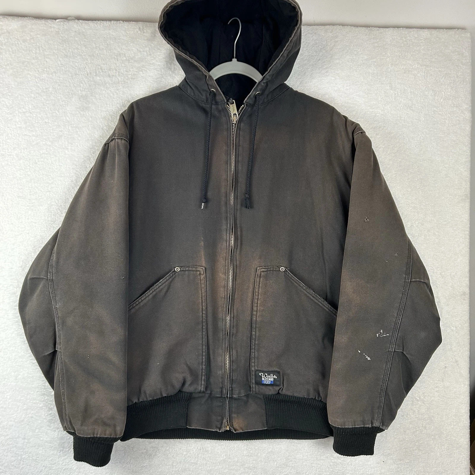 WALLS Hooded Distressed Dark Brown Zip Up Duck Canvas Work Jacket Men L Sun Fade image 1