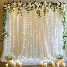 10x10ft White Tulle Backdrop Curtains with Lights String for Parties Wedding