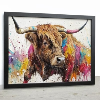 Aquarell Splash Art Highland Cow Wandbild bunt Kuh Druck gerahmtes Bild