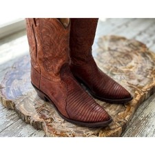 Vintage 70s Tony Lama Black Label Cognac Teju Lizard Wingtip Cowboy Boots 9B USA