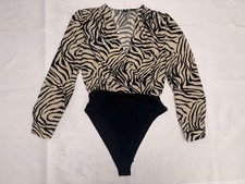 Women's Zebra Print Long Sleeve Bodysuit Stretch V-Neck Black Bottom Animal Prin