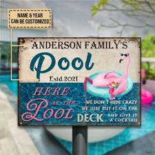 Personalized Swimming Pool Flamingo Hide Crazy Classic Metal Sign Poolside Decor