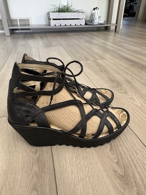 Fly London Yuke Wedge Sandals Womens 9 EU 40 Black Gladiator Ankle Lace Up
