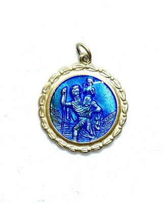 Vintage  Ornate Sterling Silver Blue Enamel Round St. Christopher Pendant 