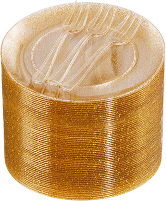 Festiva 200Pcs Gold Glitter Dessert Plates 6.3'' with Forks 5''-Small Plastic Dess