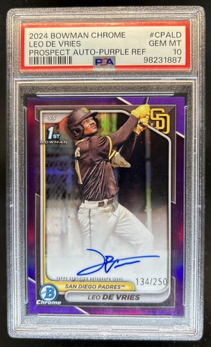 2024 Bowman Chrome Leo De Vries Auto Purple Refractor 1st #/250 Padres PSA 10