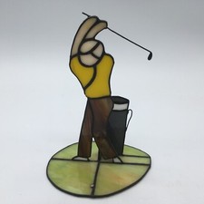 Vtg. 8.5" Stained Glass Free-Standing Golfer  Golf Bag Figurine. Yellow Shirt