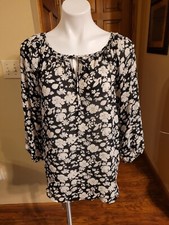 CHAPS ~Black/Ivory Floral Crinkle Chiffon Peasant Blouse~SZ~M