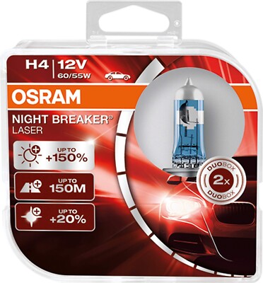 OSRAM NIGHT BREAKER LASER H4, +150% mehr Helligkeit, Halogen Scheinwerfer Lampe, Duo