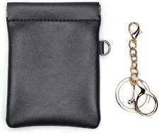 Leather Squeeze Coin Purse with Keychain Small Change Holder Slim Wallet Pouch C