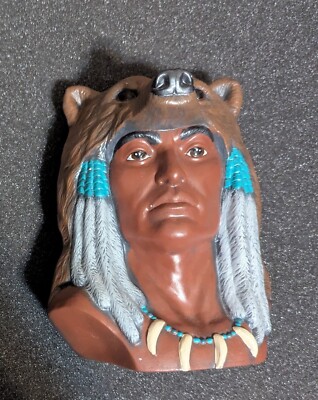 Ceramic Native American Indian Head Bust With Bear Hat Feathers