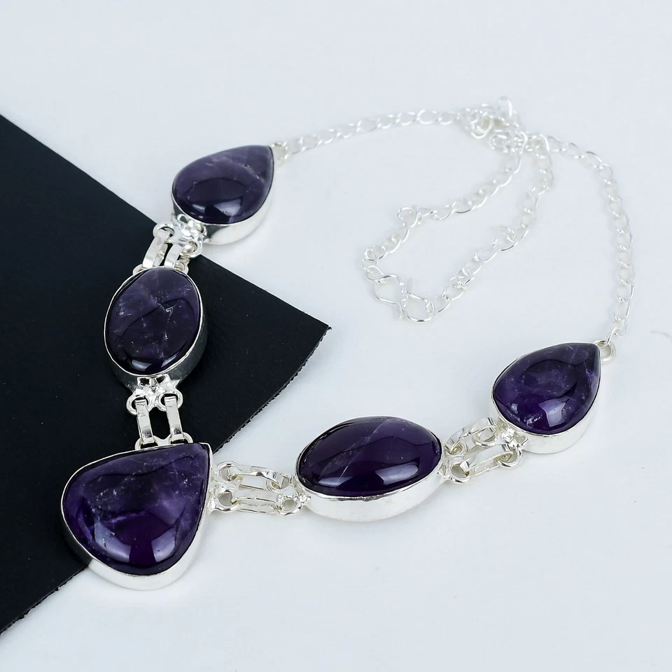 Naturale Ametista Gemma a Mano 925 Argento Sterling Collana Per Regalo di Nozze - Immagine 3 di 4