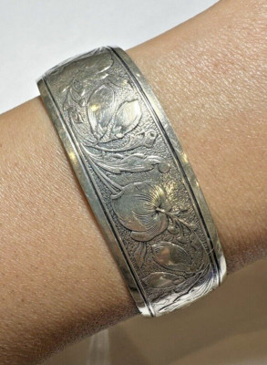 Vintag Danecraft Sterlingsilber Hibiskus Blume geätzt Manschette Armreif Armband DB5