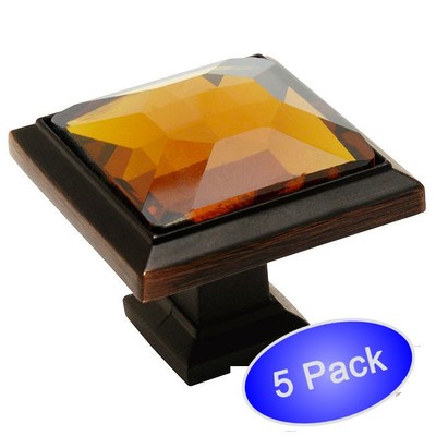 *5 Pack* Cosmas 5883ORB-A Oil Rubbed Bronze & Amber Glass Square Cabinet Knob