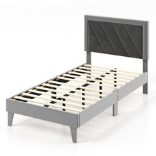 Single Size Bed Frame Velvet Upholstered Platform Bed Slat with High Headboard