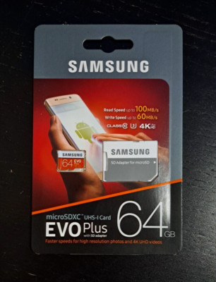 BRAND NEW Samsung 64GB MicroSDXC UHS-I EVO Plus Card with SD Adapter