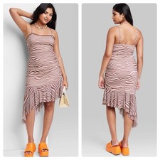Wild Fable Mesh Zebra Stripe Ruched Asymmetric Hem Midi Dress Size M
