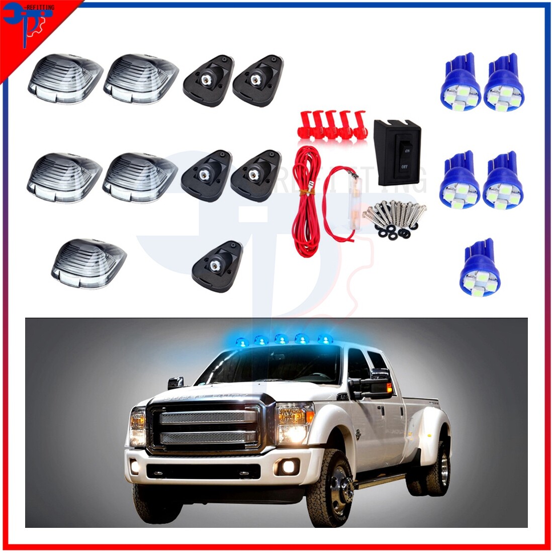 5 Smoke Ice Blue LED Cab Clearance Lights with Covers for 99-16 Ford F-250 F-350