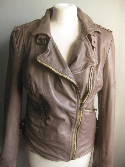 CHAQUETA MOTERA DE CUERO MUUBAA 12 10 gris steampunk envejecido topo cordero suave Foto 4 de 4