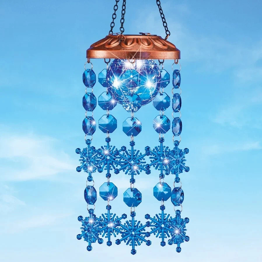 Solar Lighted Blue Crackled Glass Ball Christmas Snowflake & Beads Garden Mobile - Image 1 of 1