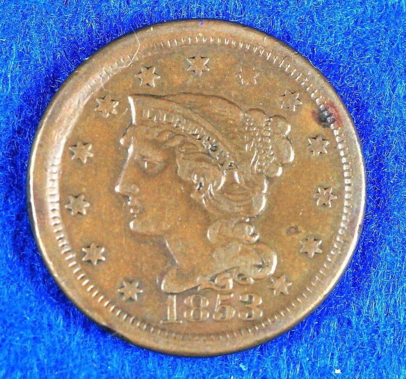ESTATE FIND 1853 BRAIDED HAIR Large Cent!! #D1765
