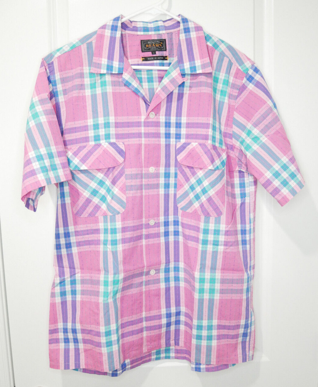 Beams Plus Camp Collar shirt in Pink Plaid Large EUC! Gem