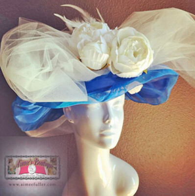 Del Mar Kentucky Derby Hat Royal Ascot Hat Blue Cream White Peony Tulle Flower