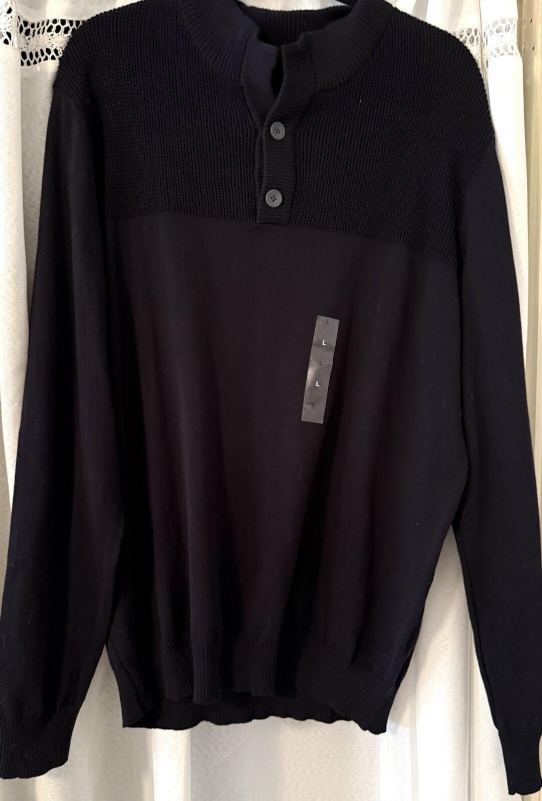 NWT Club Room Men's Black Size Large 2-Button Mock-Neck Long Sleeve Sweater-KK
