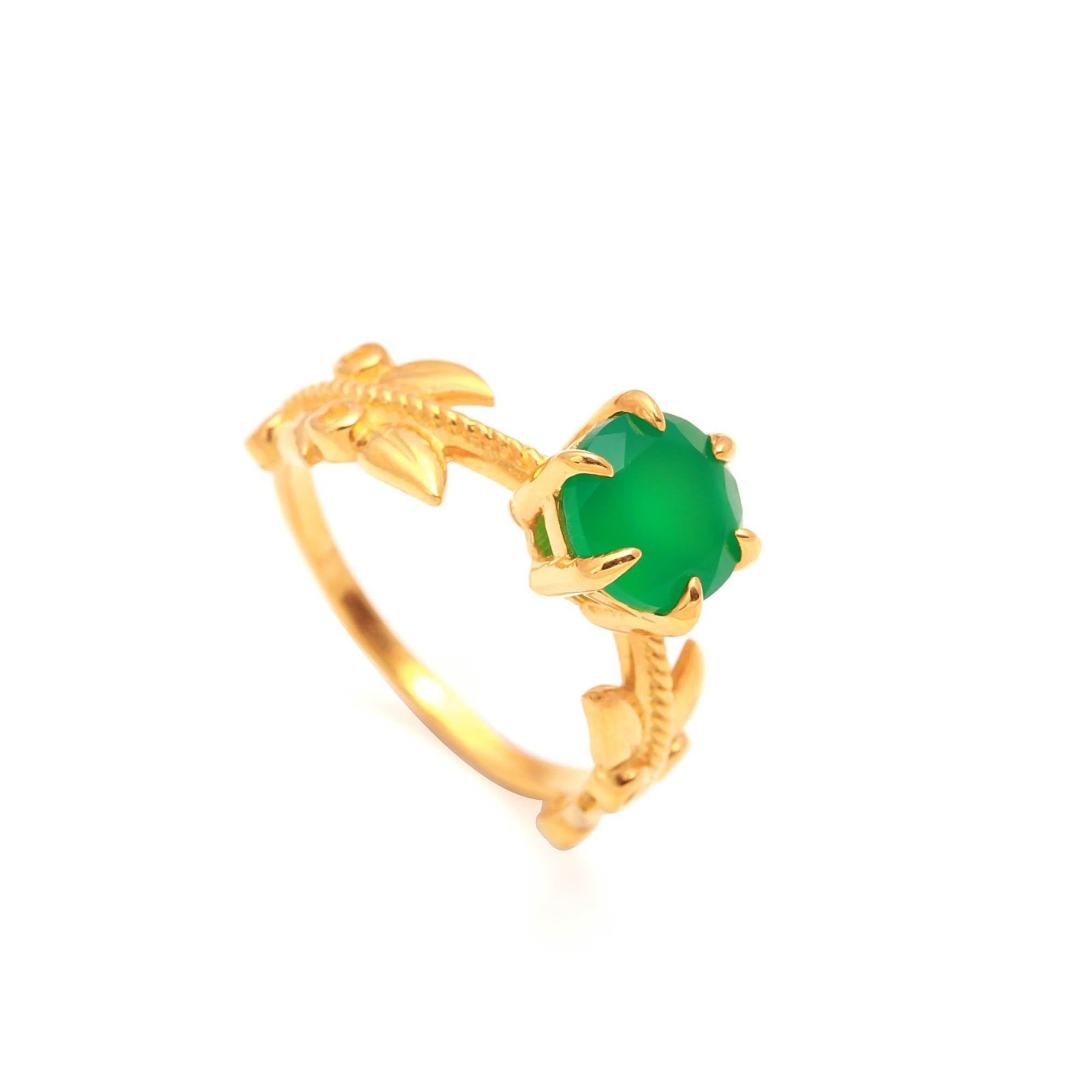 Green Onyx Leaf Ring in 925 Silver & Gold Fill for Women