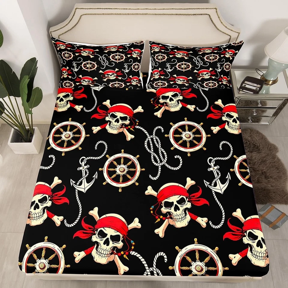 Juego de sábanas con patrón de calavera para niños estilo pirata náutico juego de ropa de cama Ocean Them... Foto 3 de 4