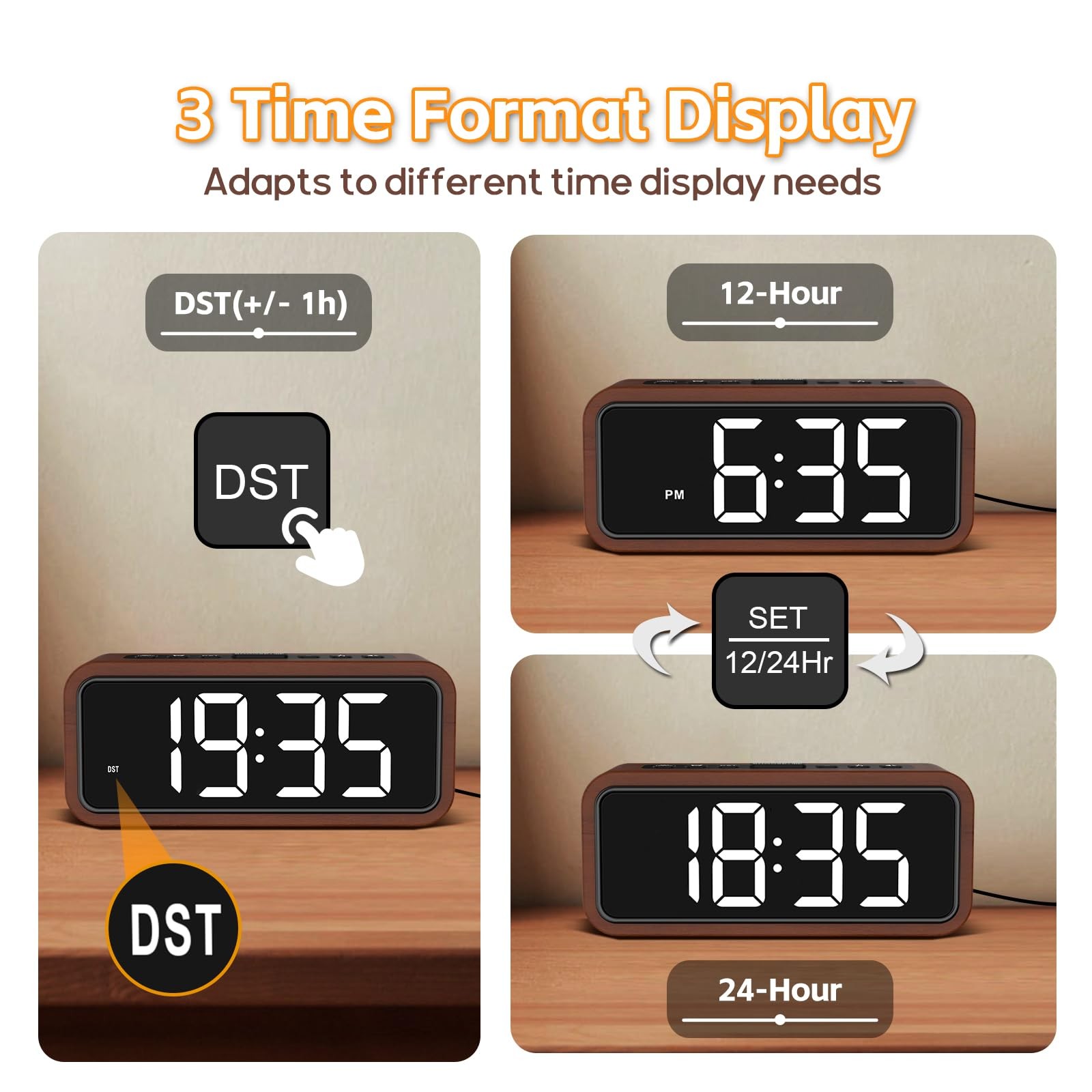 Wooden Alarm Clock, Loud Digital Plug-in Clock with 5 Volumes, 12 Ringtones, ...