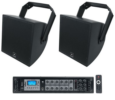 (2) JBL AWC129-BK 12'' Black Indoor/Outdoor Surface Mount Commercial Speakers+Amp
