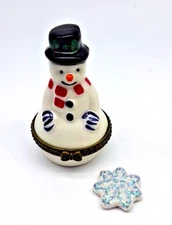 Vintage Christmas Snowman Hinged Porcelain Trinket Box with Snowflake Trinket
