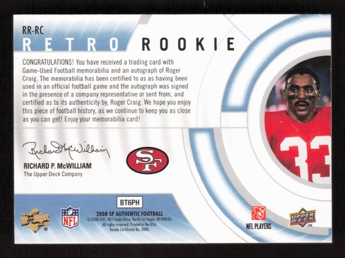 Roger Craig 2008 SP Authentic Retro Rookie Game Used Jersey Auto Autograph /75 - Picture 2 of 2