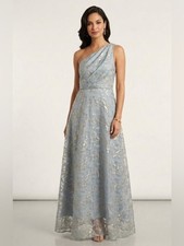 Adrianna Papell Shimmer Ice Blue Gown One- Shoulder Dress, Metallic Size 12 NEW