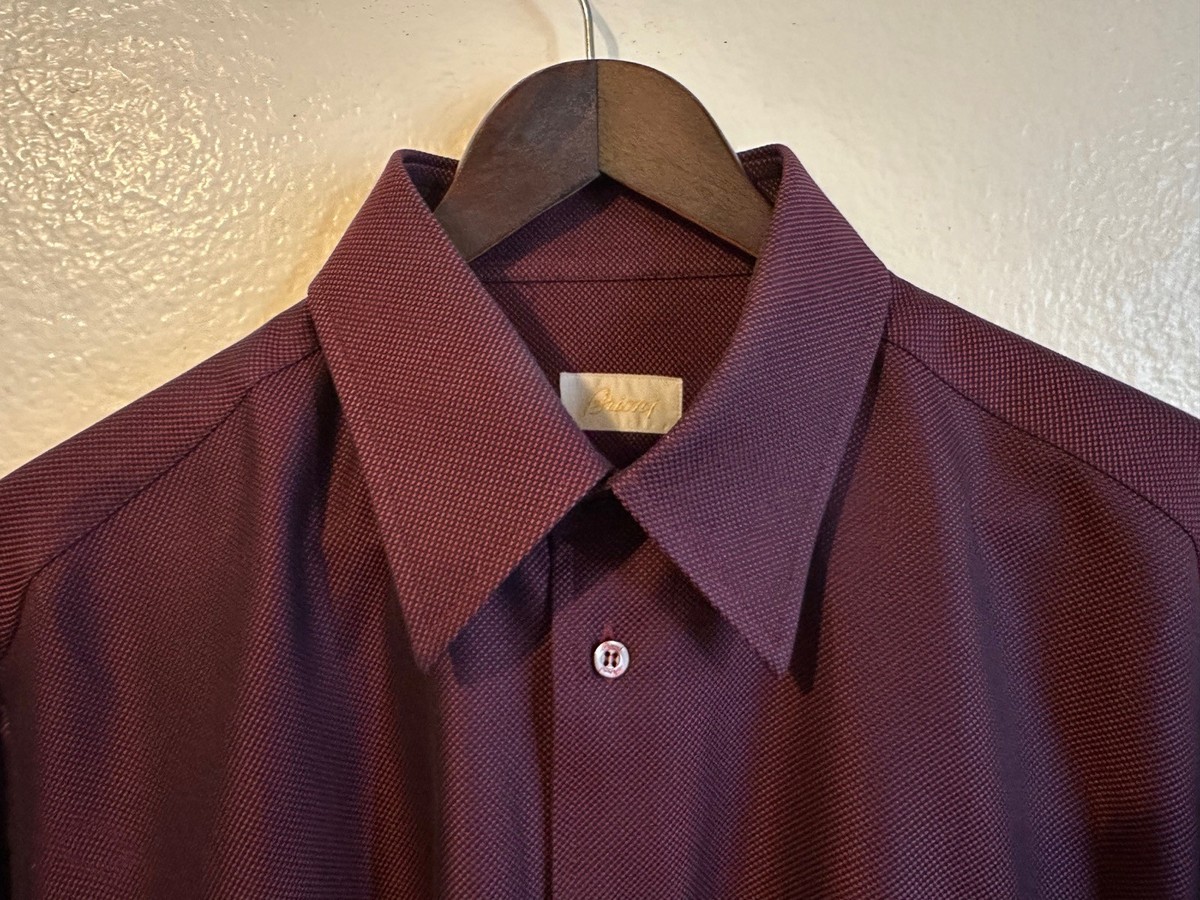 BRIONI Burgundy Red BIRDS EYE Cotton Dress Shirt Sz-L EUC Made in