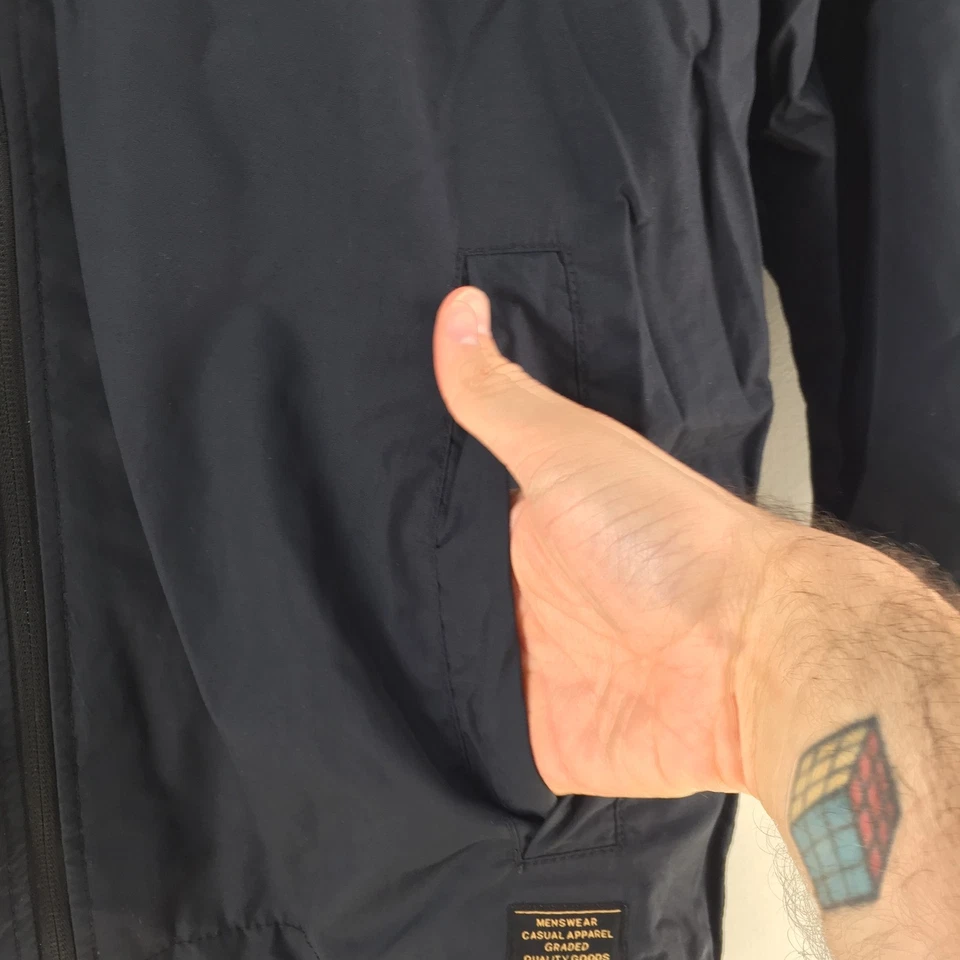 H&M mens jacket size M navy blue windbreaker spray hooded long sleeve zip 124796 - Image 3 of 4