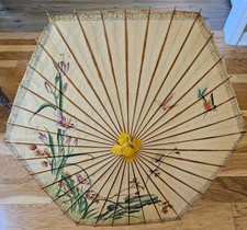 Vtg Asian Oriental Rice Paper Parasol Umbrella Flowers Butterflies