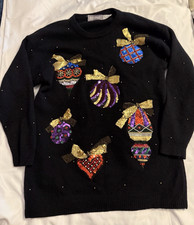 Christmas Sweater Sz M Black Lambswool Angora Mock Neck Long Slv vtg 80's