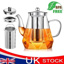 Heat Resistance Glass Teapot 1000ml with Removable Infuser Tea Kettle & Lid UK